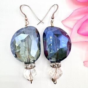 Blue Faceted Glass Bead Earrings Huge Chunky Sparkling Rondelle Heavy Big Party